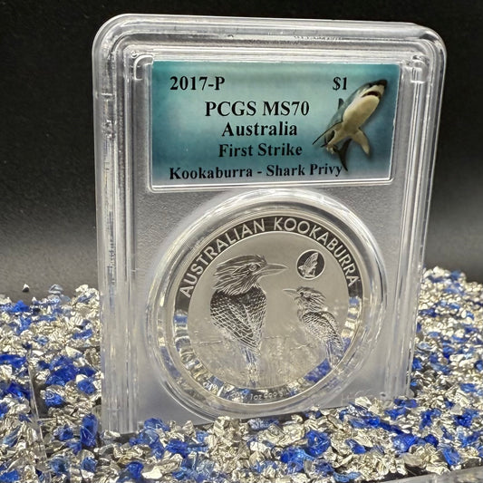 2017 P Silver $1 Australia Silver Dollar PCGS First Strike MS70 Australia Kookaburra - Shark Privy (1 of 358) Mint