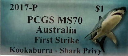 2017 P Silver $1 Australia Silver Dollar PCGS First Strike MS70 Australia Kookaburra - Shark Privy (1 of 358) Mint