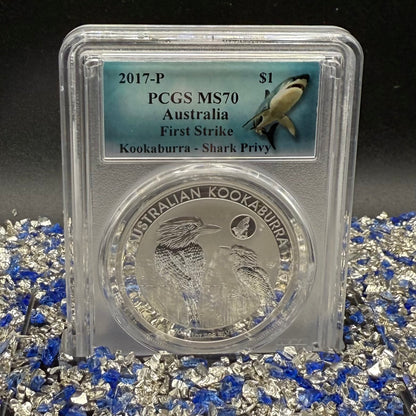 2017 P Silver $1 Australia Silver Dollar PCGS First Strike MS70 Australia Kookaburra - Shark Privy (1 of 358) Mint