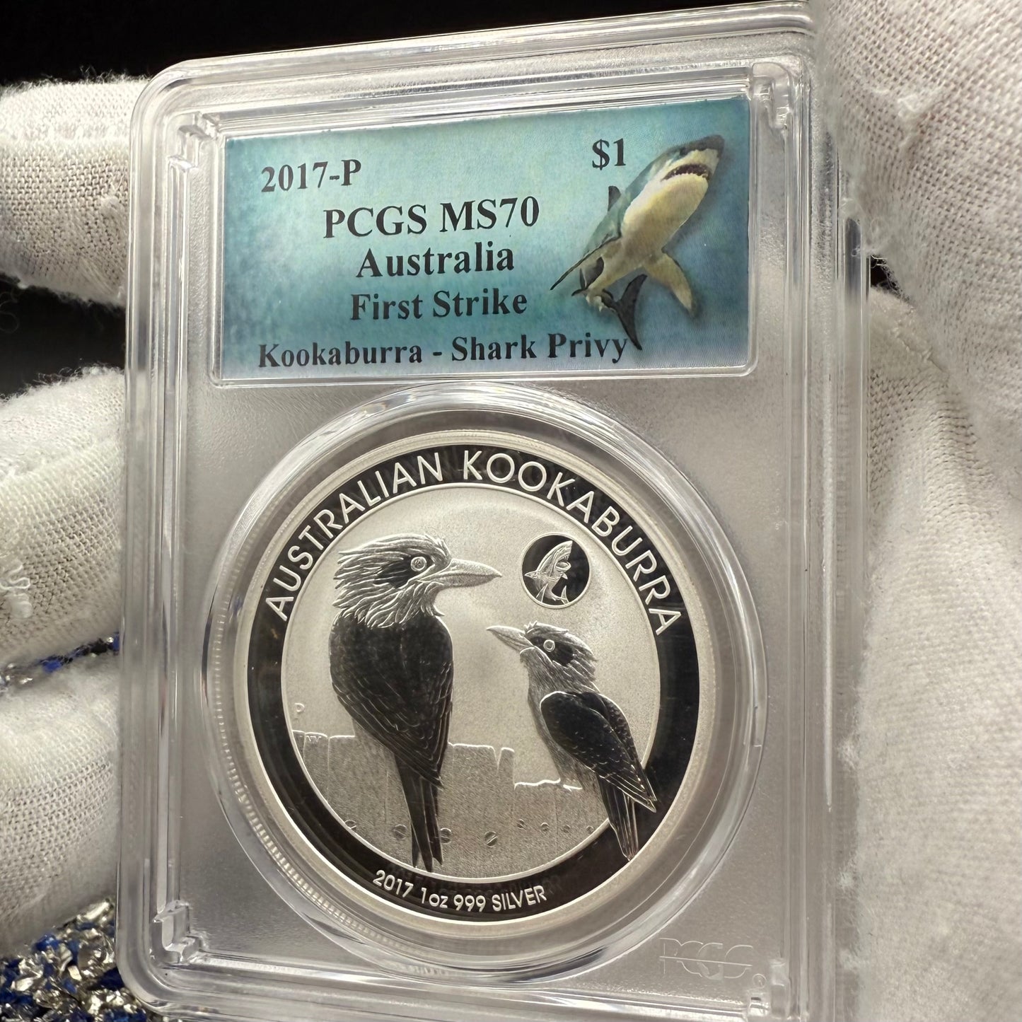 2017 P Silver $1 Australia Silver Dollar PCGS First Strike MS70 Australia Kookaburra - Shark Privy (1 of 358) Mint
