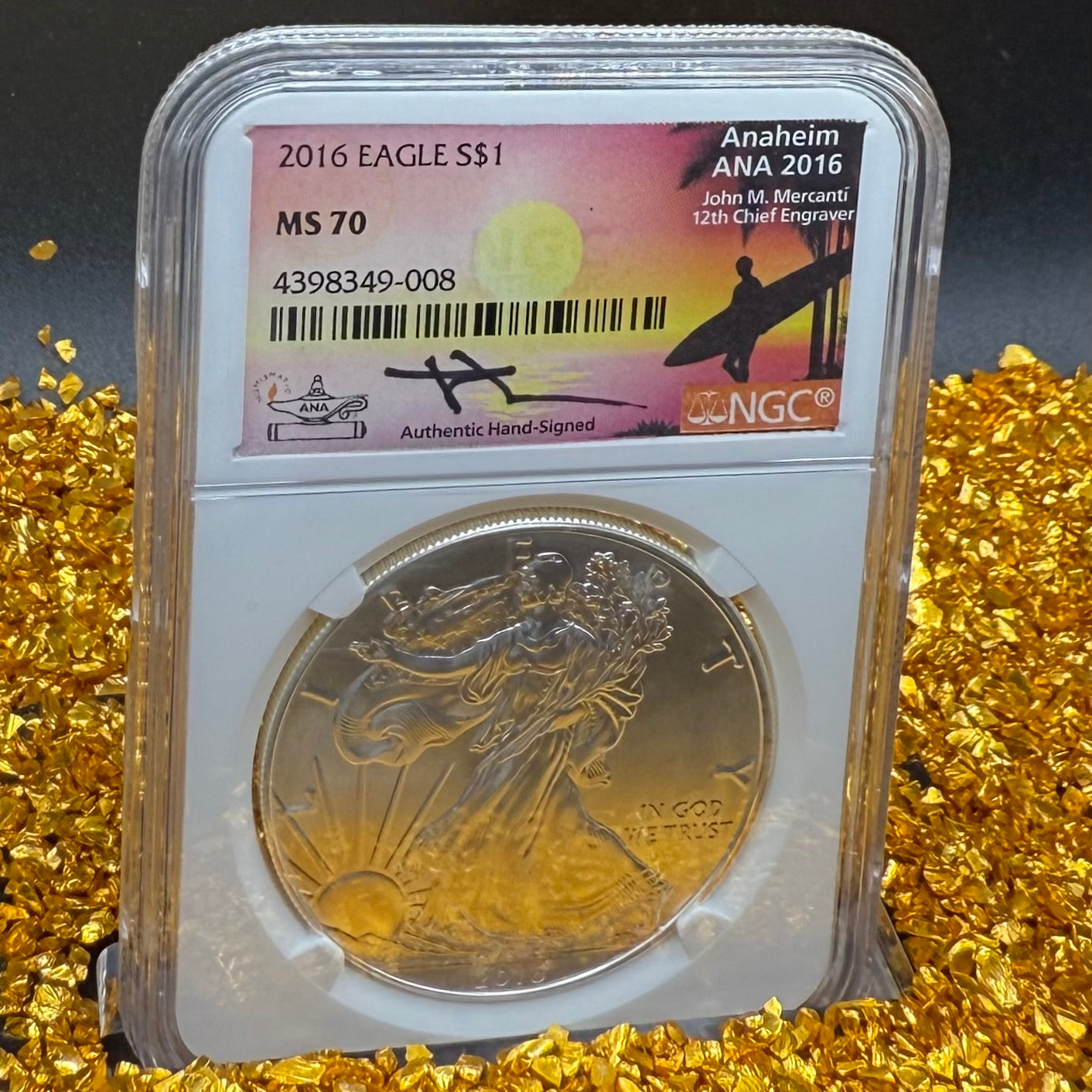 2016 W $1 American Silver Eagle NGC MS70 Mercanti Signed ANA Surfer Label