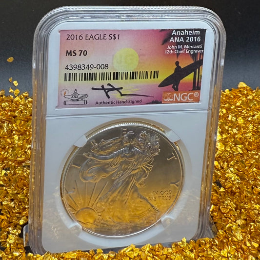2016 W $1 American Silver Eagle NGC MS70 Mercanti Signed ANA Surfer Label