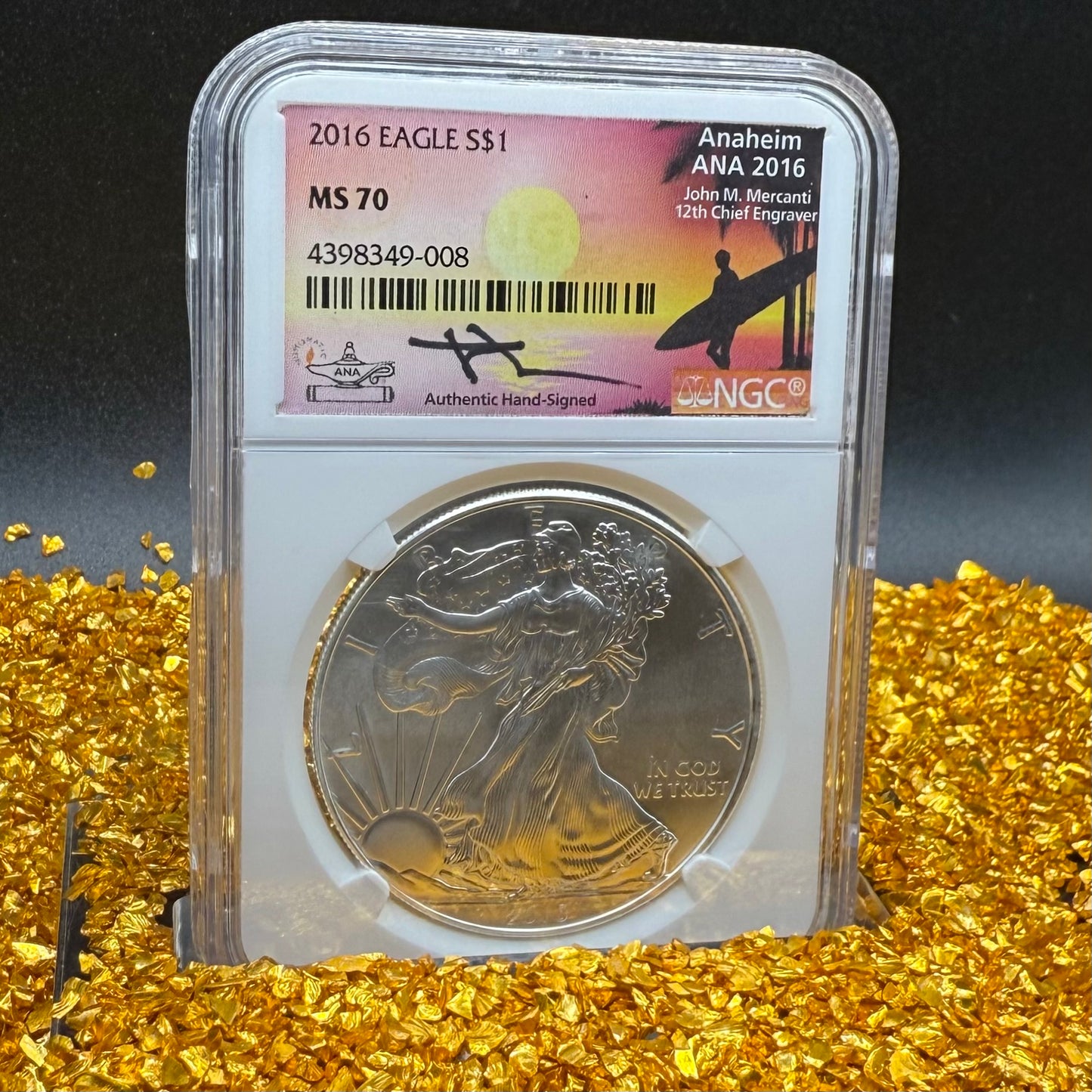 2016 W $1 American Silver Eagle NGC MS70 Mercanti Signed ANA Surfer Label