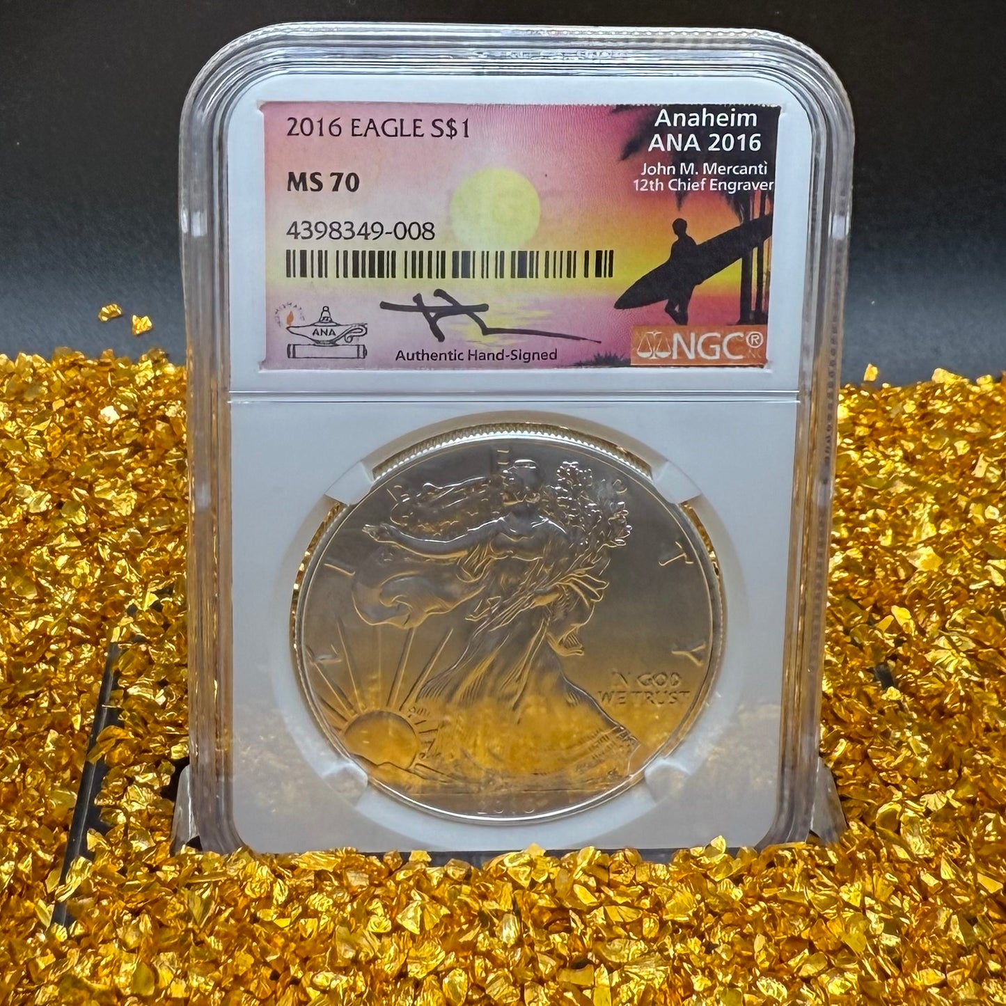 2016 W $1 American Silver Eagle NGC MS70 Mercanti Signed ANA Surfer Label