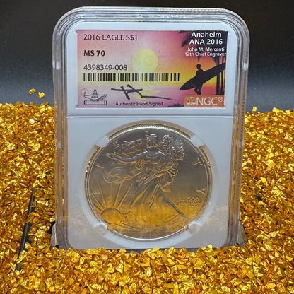 2016 W $1 American Silver Eagle NGC MS70 Mercanti Signed ANA Surfer Label