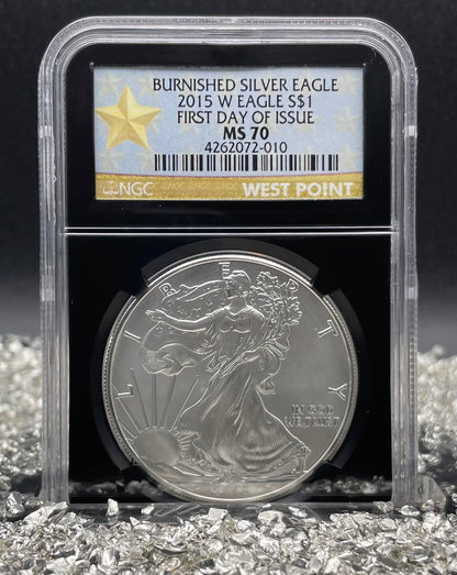 Burnished 2015 (W) $1 American Silver Eagle NGC MS70 First Day of Issue Black Core Gold Star Label Mint Condition (1 of 6,091)