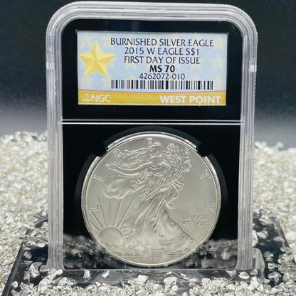Burnished 2015 (W) $1 American Silver Eagle NGC MS70 First Day of Issue Black Core Gold Star Label Mint Condition (1 of 6,091)