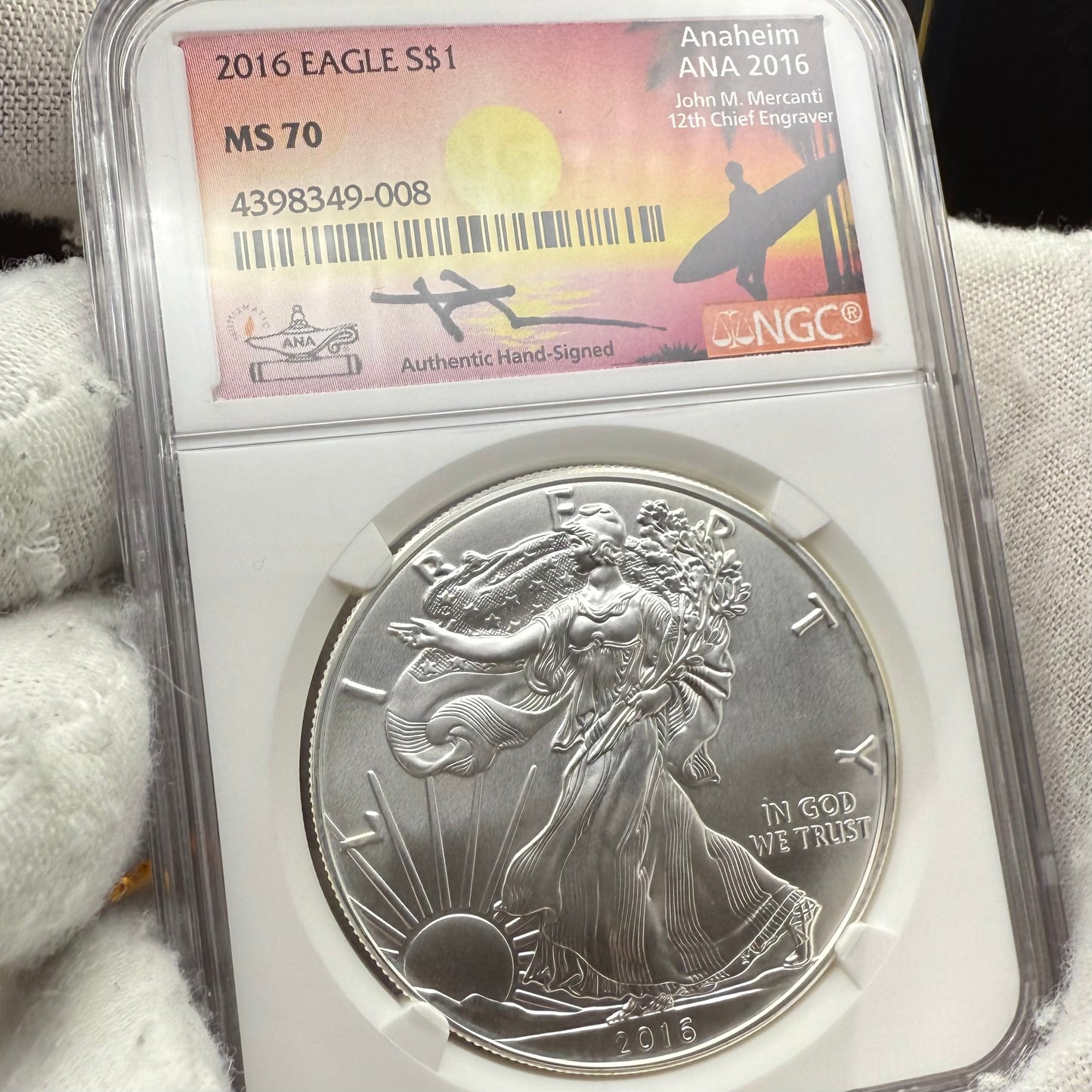 2016 W $1 American Silver Eagle NGC MS70 Mercanti Signed ANA Surfer Label
