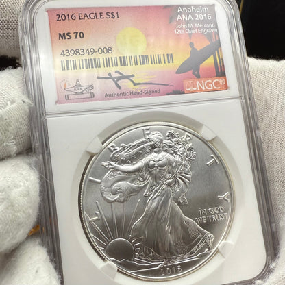 2016 W $1 American Silver Eagle NGC MS70 Mercanti Signed ANA Surfer Label