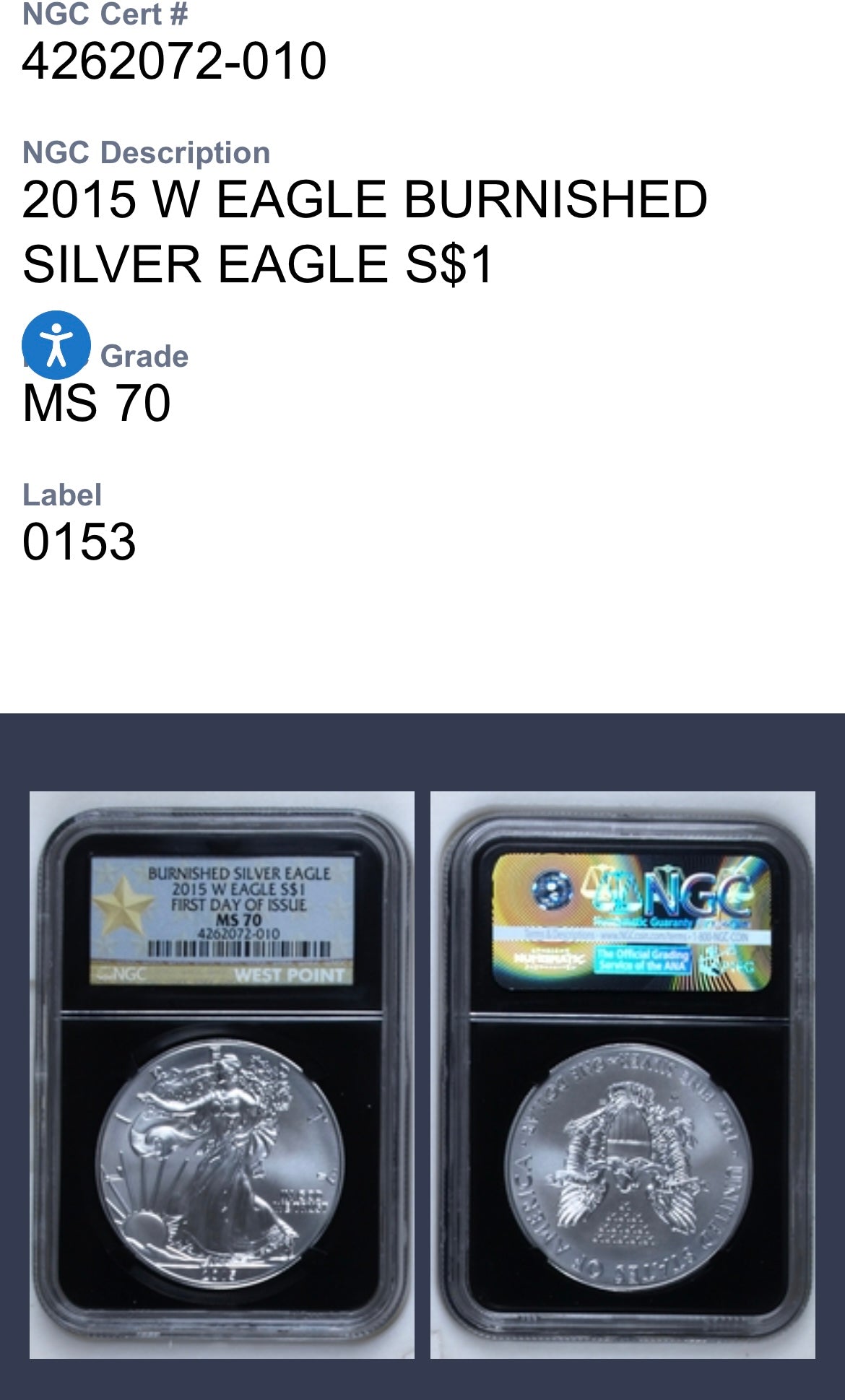 Burnished 2015 (W) $1 American Silver Eagle NGC MS70 First Day of Issue Black Core Gold Star Label Mint Condition (1 of 6,091)