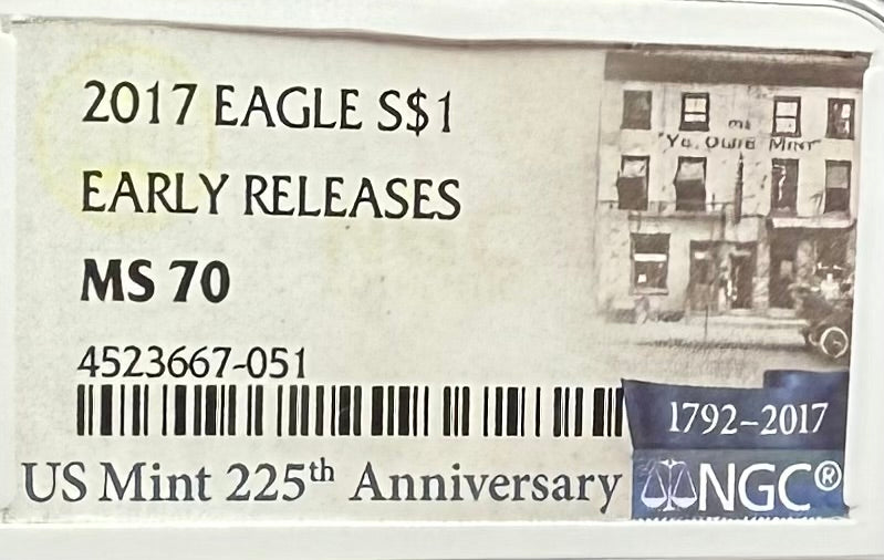 2017 $1 American Silver Eagle NGC MS70 Early Releases 225th Anniversary Mint Condition