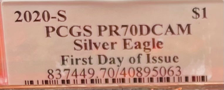 Proof 2020 (S) $1 American Silver Eagle PCGS PR70DCAM FDOI American Flag Label Jim Peed Signed Label Mint Condition (1 of 1,295)