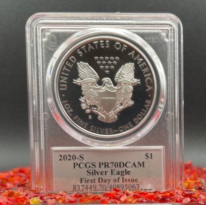 Proof 2020 (S) $1 American Silver Eagle PCGS PR70DCAM FDOI American Flag Label Jim Peed Signed Label Mint Condition (1 of 1,295)