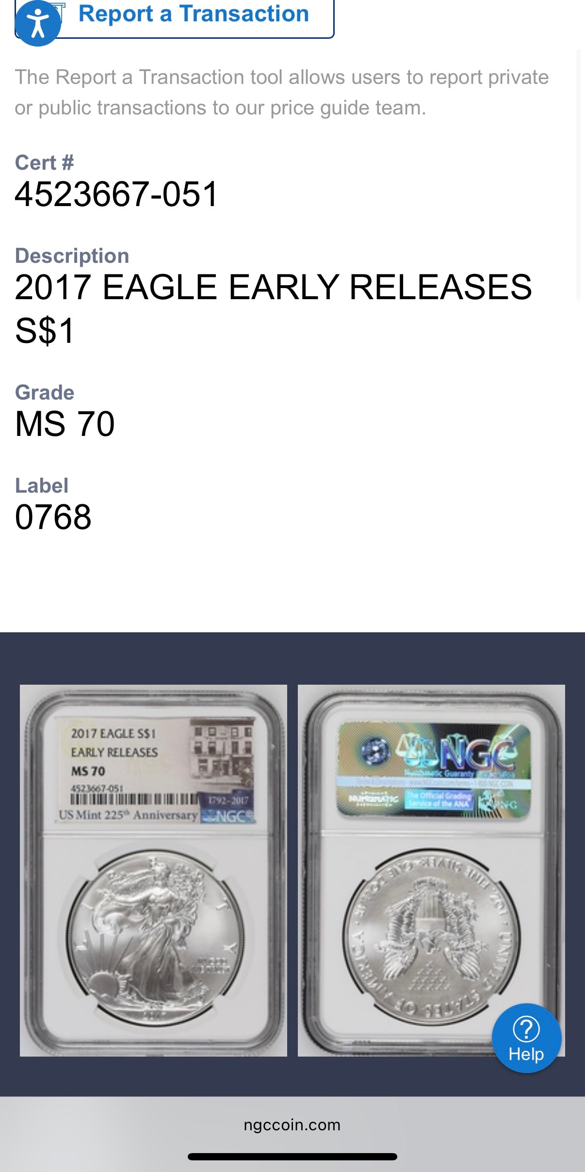2017 $1 American Silver Eagle NGC MS70 Early Releases 225th Anniversary Mint Condition