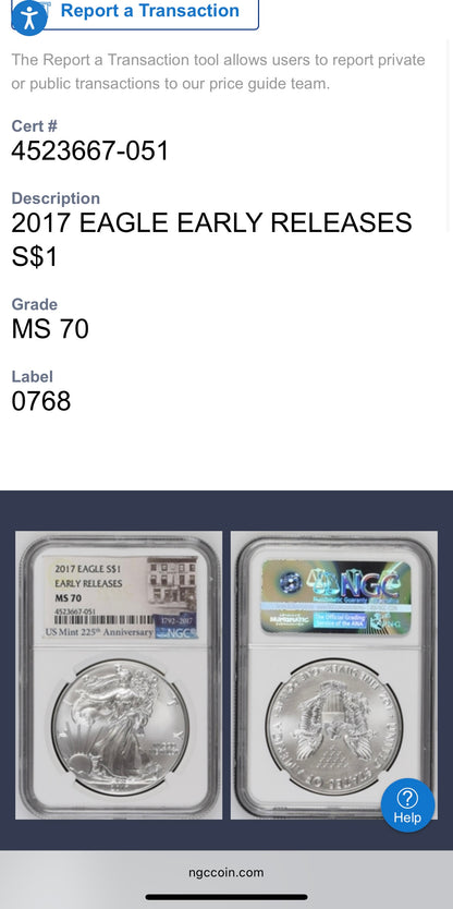 2017 $1 American Silver Eagle NGC MS70 Early Releases 225th Anniversary Mint Condition