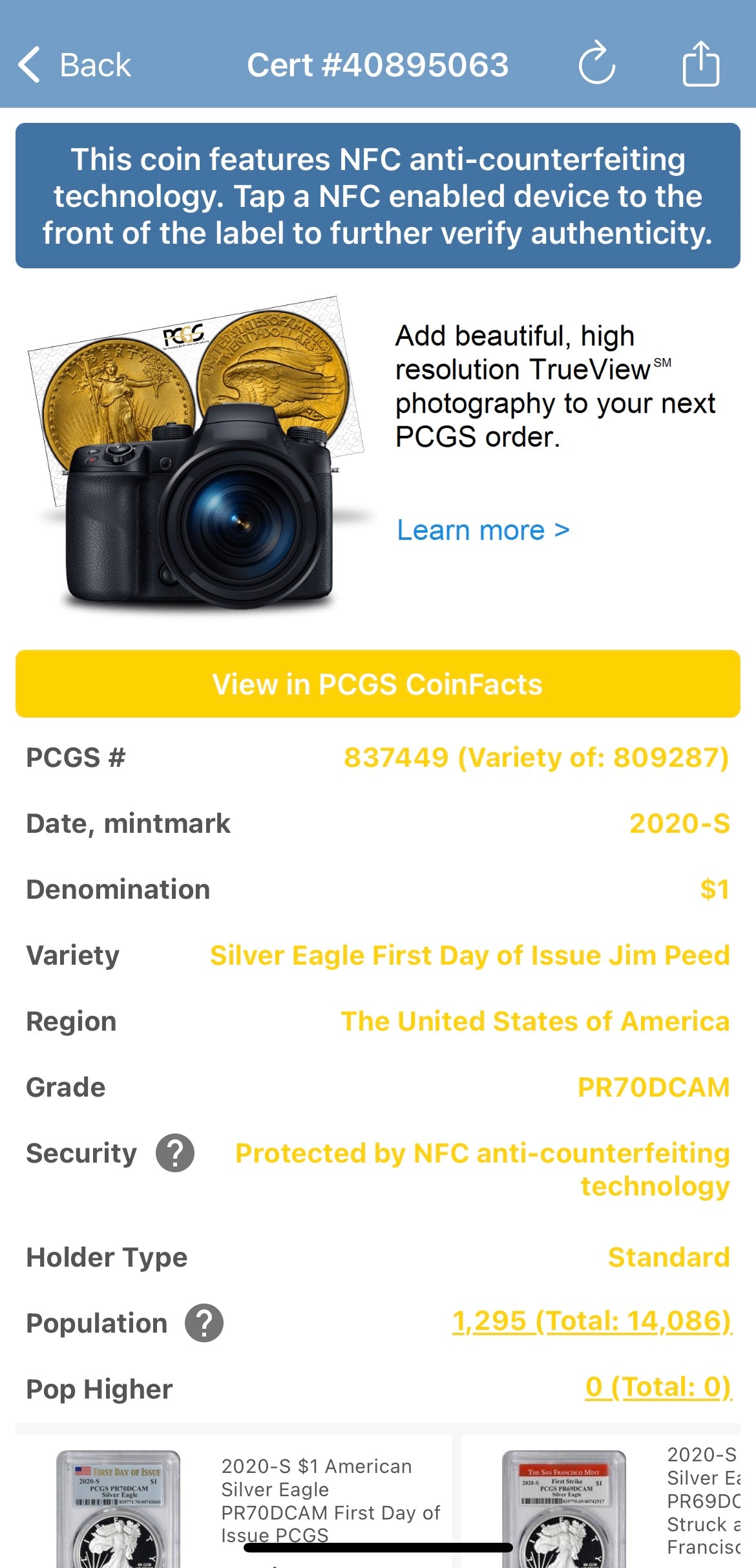 Proof 2020 (S) $1 American Silver Eagle PCGS PR70DCAM FDOI American Flag Label Jim Peed Signed Label Mint Condition (1 of 1,295)