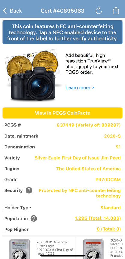 Proof 2020 (S) $1 American Silver Eagle PCGS PR70DCAM FDOI American Flag Label Jim Peed Signed Label Mint Condition (1 of 1,295)