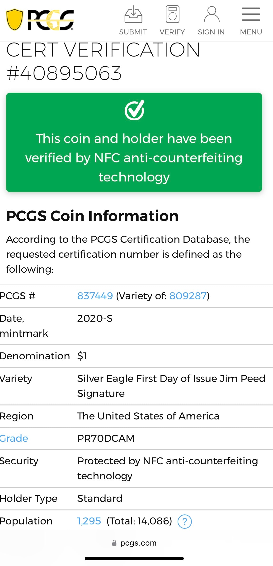 Proof 2020 (S) $1 American Silver Eagle PCGS PR70DCAM FDOI American Flag Label Jim Peed Signed Label Mint Condition (1 of 1,295)