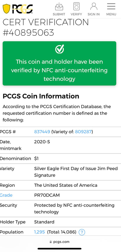 Proof 2020 (S) $1 American Silver Eagle PCGS PR70DCAM FDOI American Flag Label Jim Peed Signed Label Mint Condition (1 of 1,295)