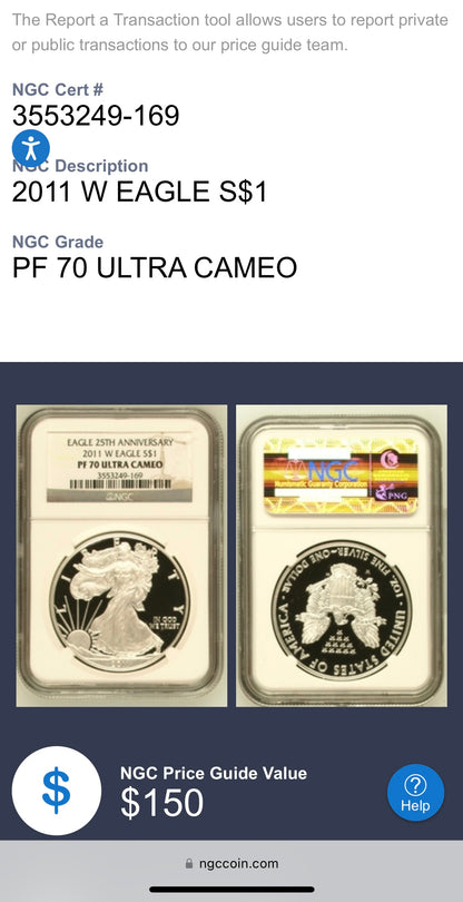 Proof 2011 (W) $1 American Silver Eagle NGC PF70 Brown Label 25th Anniversary ( 1 of 5,562)
