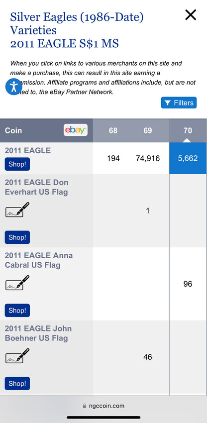 Proof 2011 (W) $1 American Silver Eagle NGC PF70 Brown Label 25th Anniversary ( 1 of 5,562)