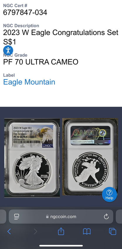 Proof 2023 (W) $1 American Silver Eagle NGC PF70 First Releases Congratulations Set Eagle Mountain Label Mint Condition (1 of 433)