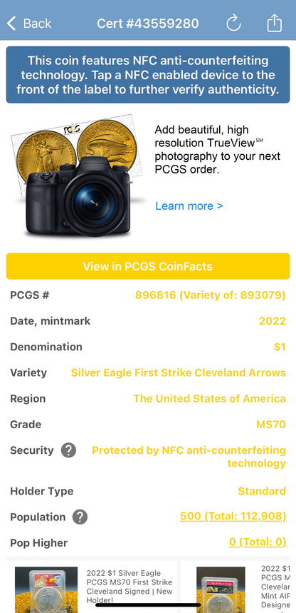2022 $1 American Silver Eagle PCGS MS70 First Strike U.S. Mint AIP Master Designer Thomas Cleveland Signed Label (1 of 500)