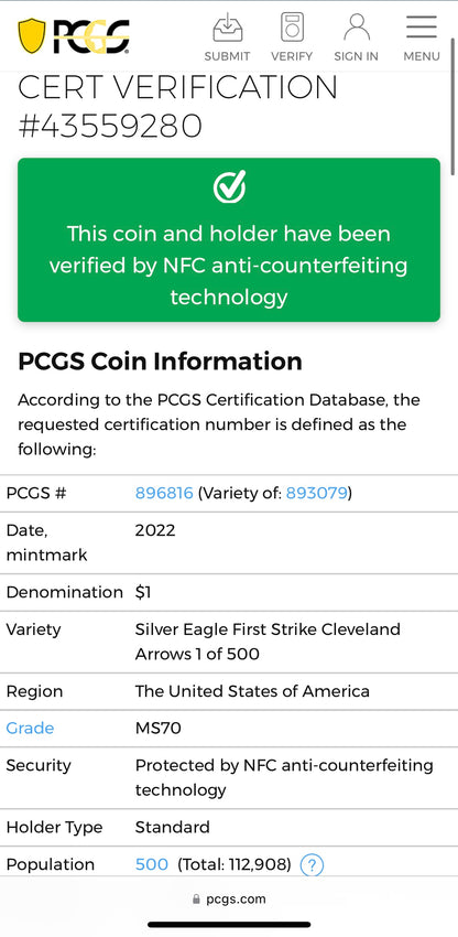 2022 $1 American Silver Eagle PCGS MS70 First Strike U.S. Mint AIP Master Designer Thomas Cleveland Signed Label (1 of 500)