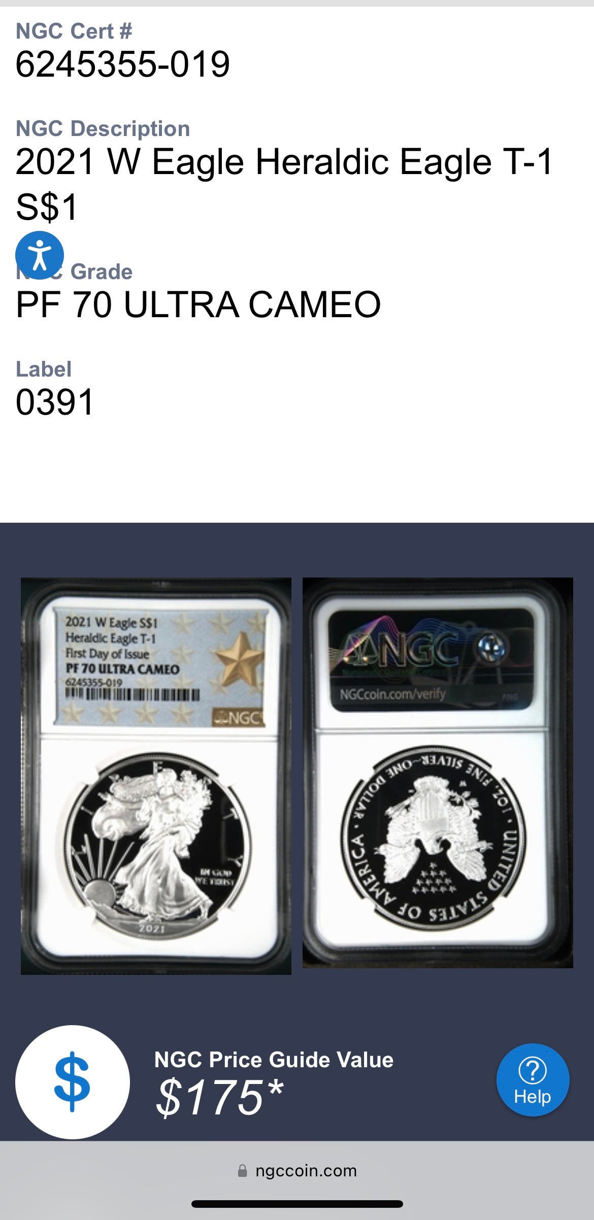 Proof 2021 Type 1 (W) $1 American Silver Eagle NGC PF70 First Day of Issue West Point Gold Star Label Mint Condition (1 of 6,809)