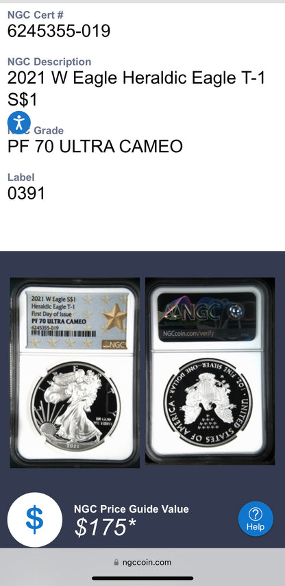 Proof 2021 Type 1 (W) $1 American Silver Eagle NGC PF70 First Day of Issue West Point Gold Star Label Mint Condition (1 of 6,809)