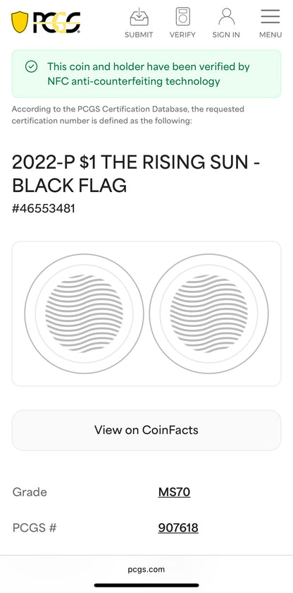 2022-P 1 oz Tuvaluan Silver Dollar $1 PCGS MS70 The Rising Sun - Black Flag (1 of 33) Mint!