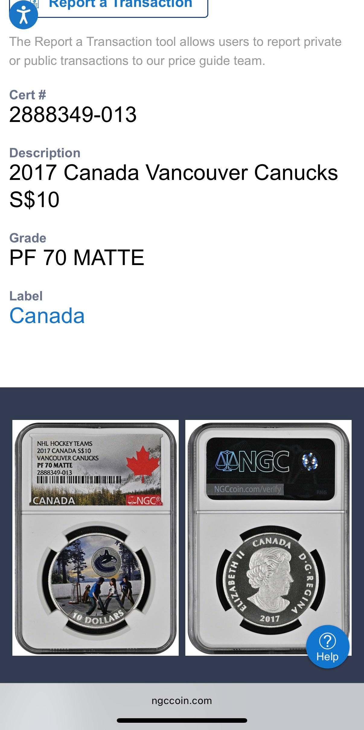 2017 $10 Canada Silver Dollar NGC PF70UC Colorized Matte Vancouver Canucks NHL Hockey Team (1 of 2) Mint!