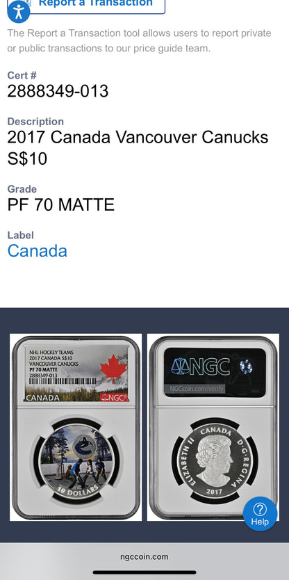 2017 $10 Canada Silver Dollar NGC PF70UC Colorized Matte Vancouver Canucks NHL Hockey Team (1 of 2) Mint!