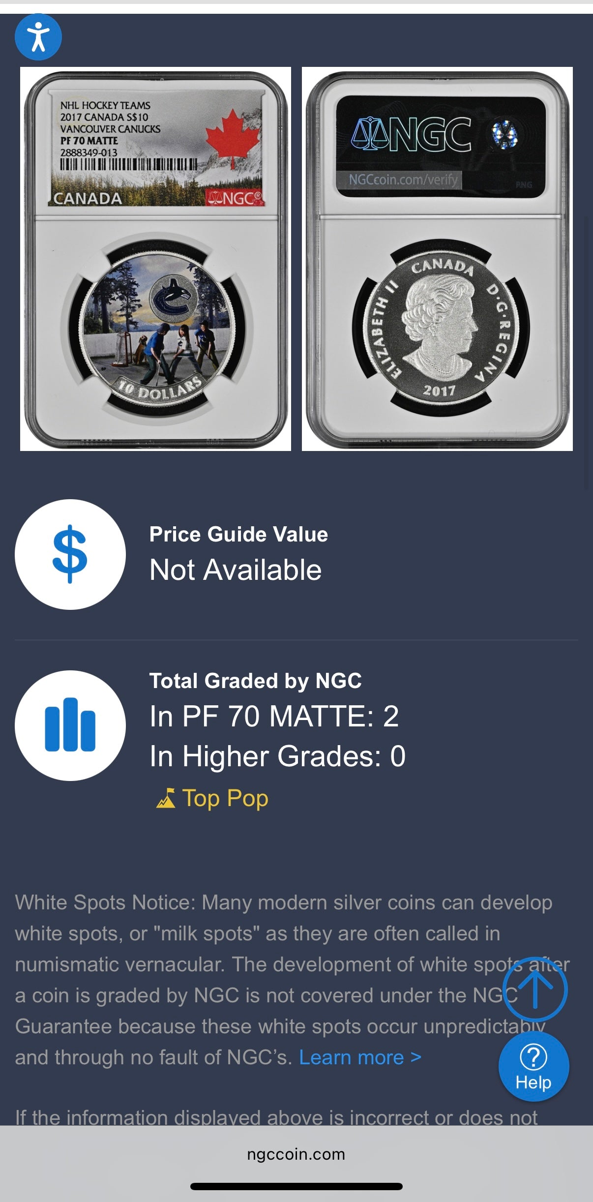 2017 $10 Canada Silver Dollar NGC PF70UC Colorized Matte Vancouver Canucks NHL Hockey Team (1 of 2) Mint!