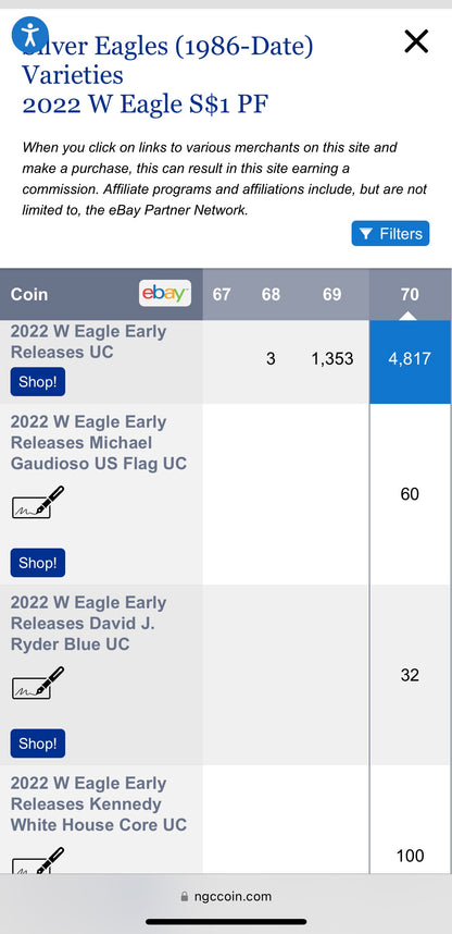 Proof 2022 (W) $1 American Silver Eagle NGC PF70 Early Releases Modern Blue Label Mint Condition (1 of 4,817)