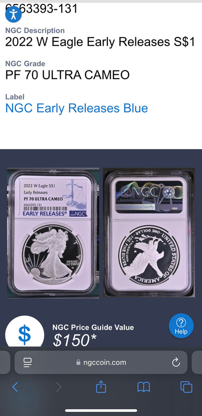 Proof 2022 (W) $1 American Silver Eagle NGC PF70 Early Releases Modern Blue Label Mint Condition (1 of 4,817)