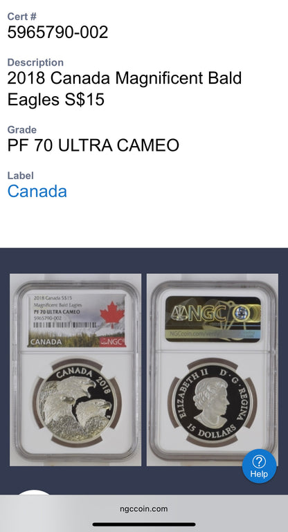 2018 $15 Canada Silver Dollar NGC PF70UC Magnificent Bald Eagles Spotless (1 of 6) Mint!