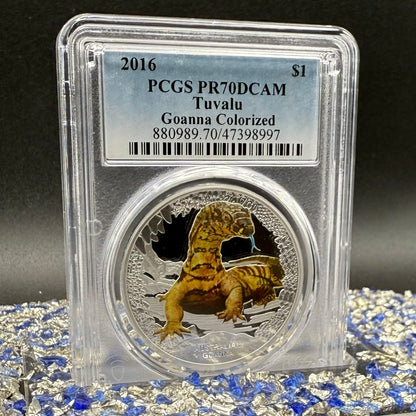 2016 1 oz Tuvaluan Silver Dollar $1 PCGS PR70DCAM Remarkable Reptiles Goanna Colorized (1 of 3)