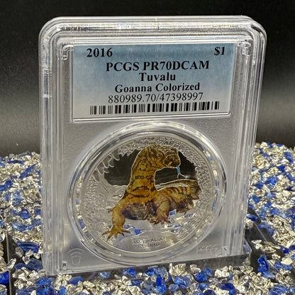 2016 1 oz Tuvaluan Silver Dollar $1 PCGS PR70DCAM Remarkable Reptiles Goanna Colorized (1 of 3)