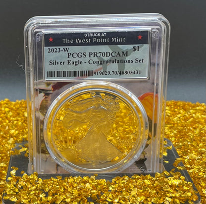 Proof 2023 (W) $1 American Silver Eagle PCGS PR70DCAM West Point Fighter Jet Label Congratulations Set Mint Condition (1 of 24)