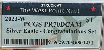 Proof 2023 (W) $1 American Silver Eagle PCGS PR70DCAM West Point Fighter Jet Label Congratulations Set Mint Condition (1 of 24)