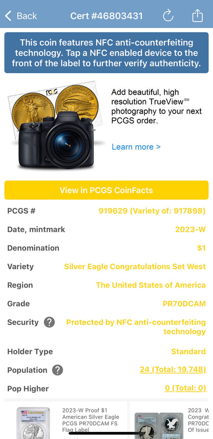 Proof 2023 (W) $1 American Silver Eagle PCGS PR70DCAM West Point Fighter Jet Label Congratulations Set Mint Condition (1 of 24)