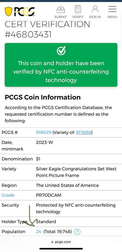 Proof 2023 (W) $1 American Silver Eagle PCGS PR70DCAM West Point Fighter Jet Label Congratulations Set Mint Condition (1 of 24)