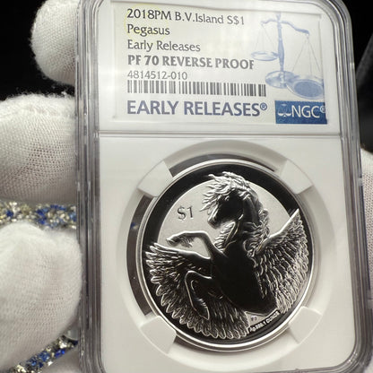 2018 British Virgin Islands Silver Dollar $1 NGC Early Releases PF70UC Pegasus (1 of 130) Mint!