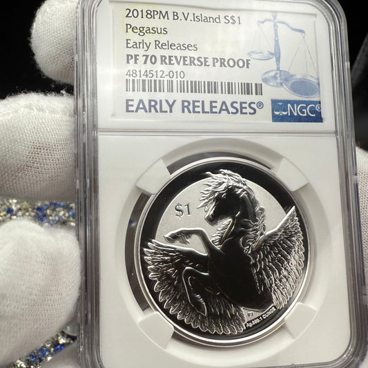 2018 British Virgin Islands Silver Dollar $1 NGC Early Releases PF70UC Pegasus (1 of 130) Mint!