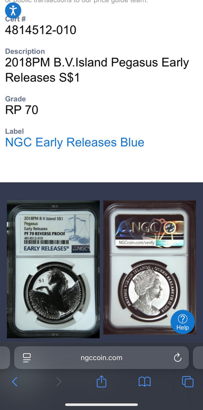 2018 British Virgin Islands Silver Dollar $1 NGC Early Releases PF70UC Pegasus (1 of 130) Mint!
