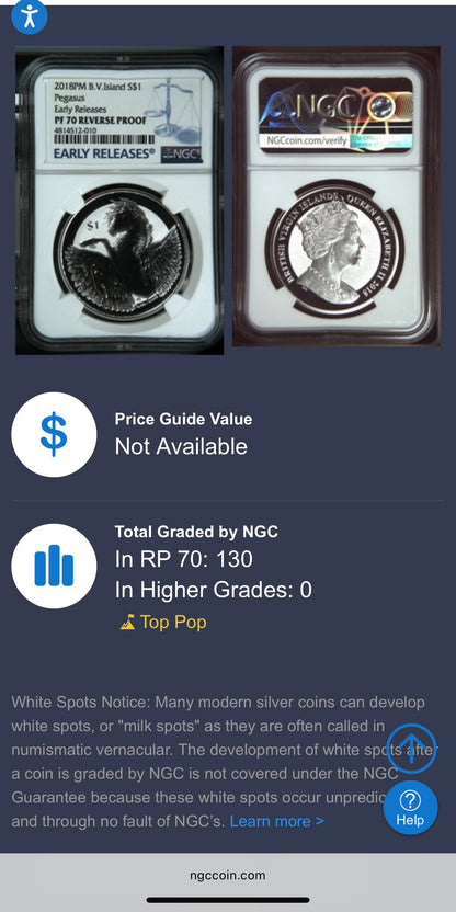 2018 British Virgin Islands Silver Dollar $1 NGC Early Releases PF70UC Pegasus (1 of 130) Mint!