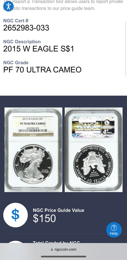 Proof 2015 (W) $1 American Silver Eagle NGC PF70 Classic Brown Label Mint Condition ( 1 of 9,548)