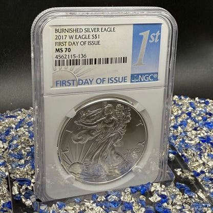 Burnished 2017 (W) $1 American Silver Eagle NGC MS70 FDOI Classic Blue Label Mint!