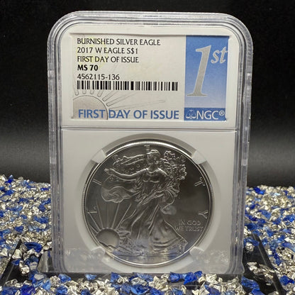 Burnished 2017 (W) $1 American Silver Eagle NGC MS70 FDOI Classic Blue Label Mint!